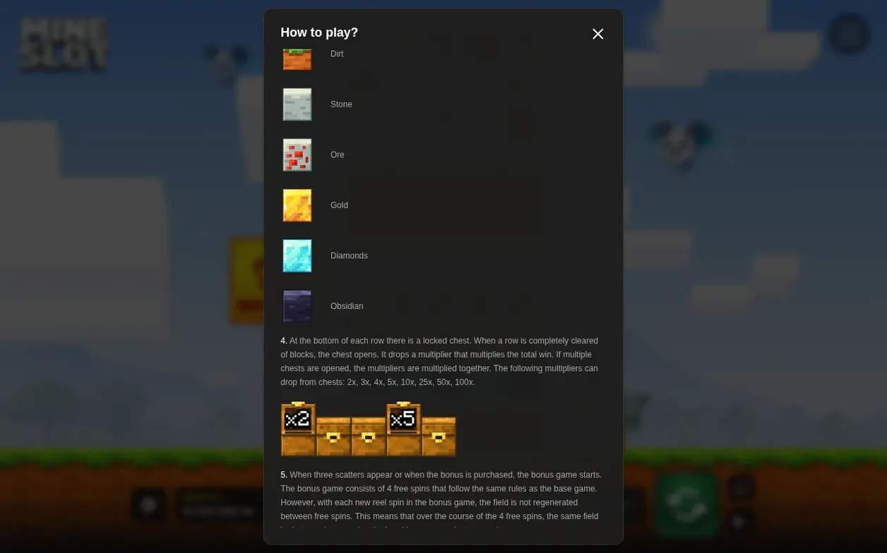 Hjälppanelen visar blocktyperna Smuts till Obsidian, kisttext om multiplikatorer 2x-100x och bonusvillkor.