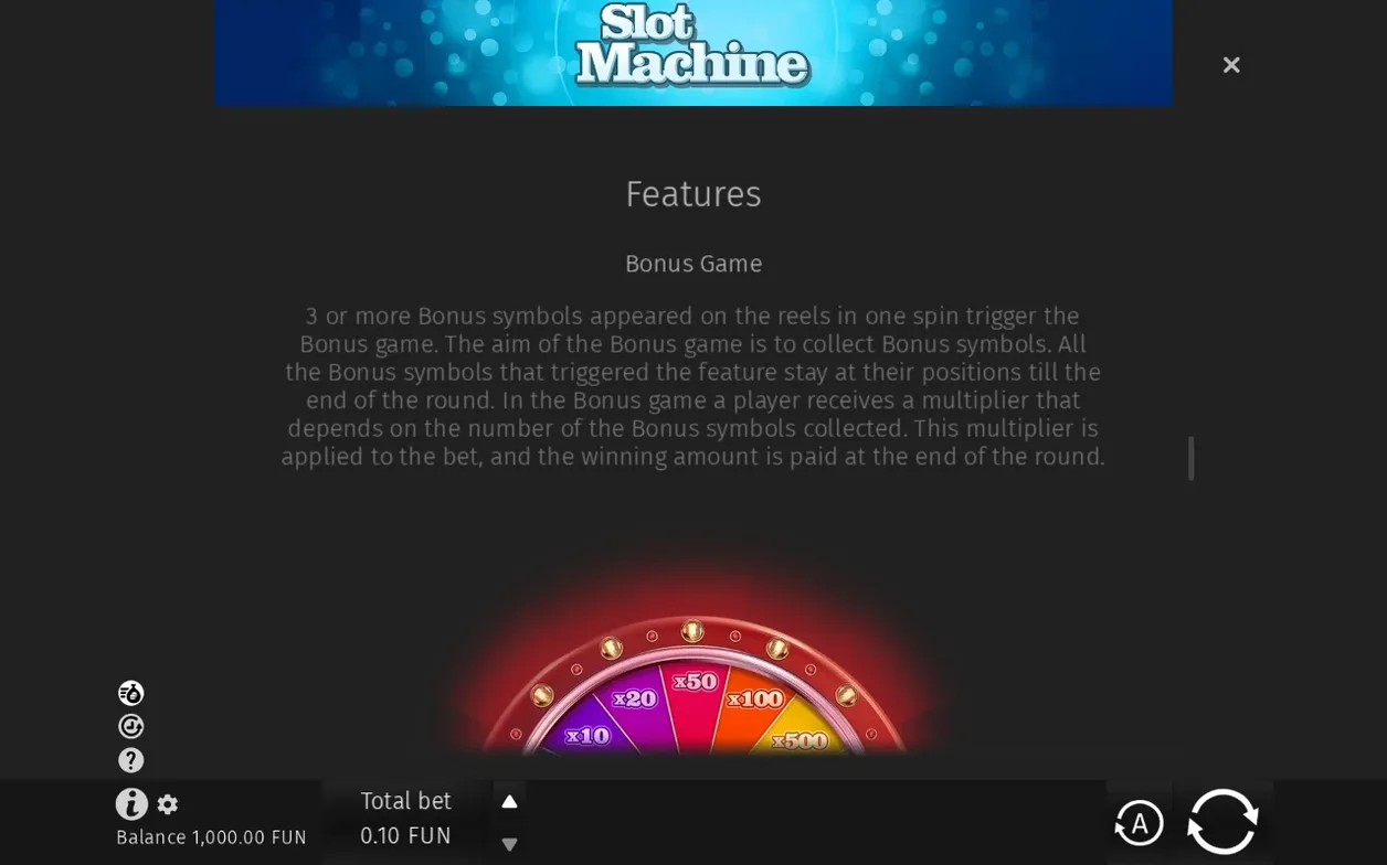 Hjälptexten om Bonus Game-funktionen ovanför det delvis synliga vinsthjulet med multiplikatorer x10 till x500.